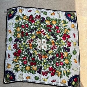 Rare Nicole Miller fruit print silk scarf. Vintage w front and back in fruit